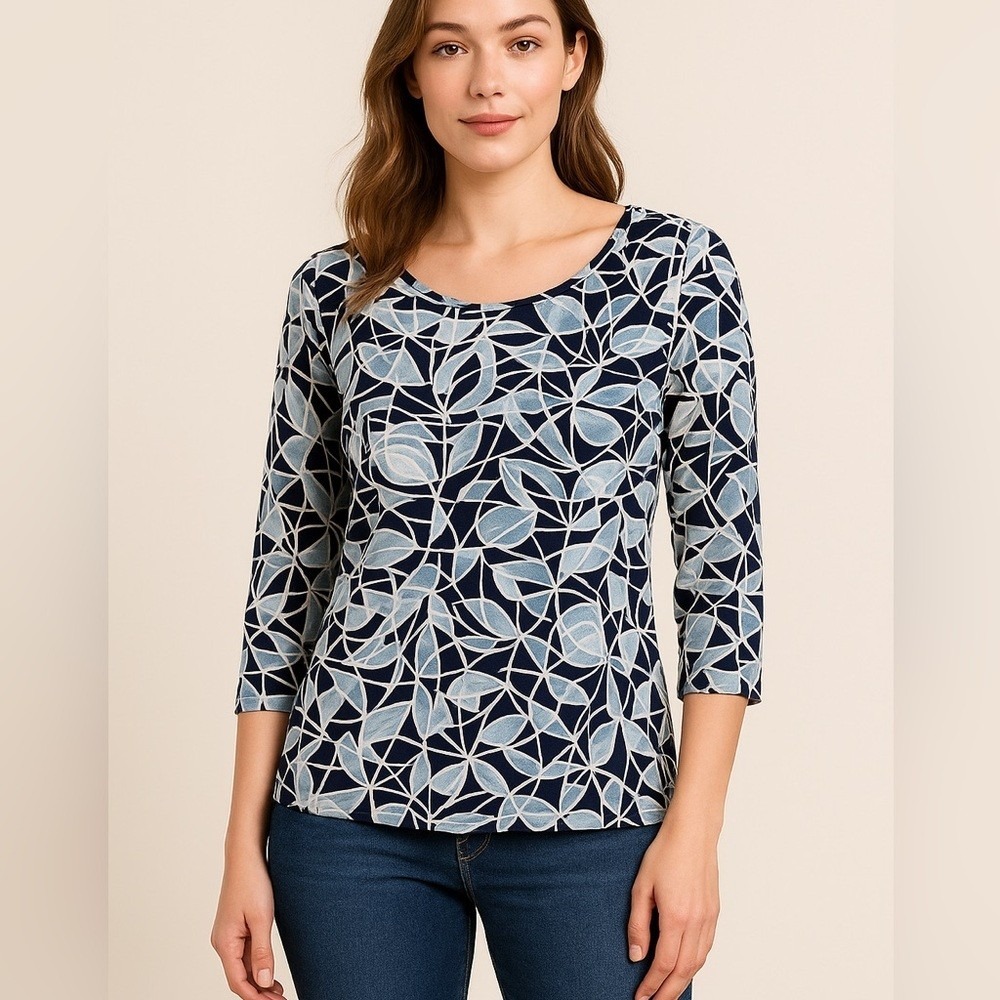 Alfani Top Womens Large Blue Leaf Print Mesh Tiered 3/4 Sleeve Blouse